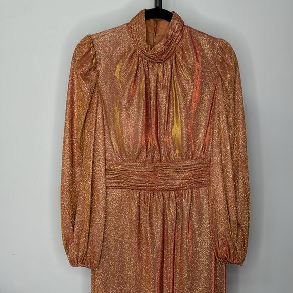NWT IEENA for MAC DUGGAL 11248 Rust Draped Glitter High Neck Puff Sleeve Gown - Picture 3 of 12